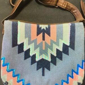 Aztec Pattern Gray Canvas Crossbody Bag with Brown Strap